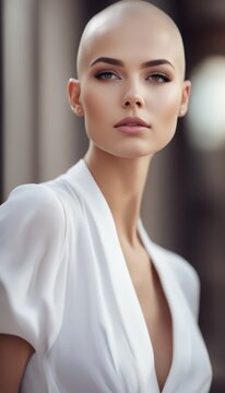 Female model with no hair in a white dress