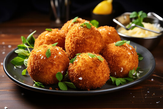 Delicious rustic homemade deep-fried Maltese arancini balls made rice and mozzarella cheese.