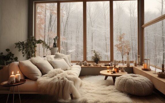 A cozy living room with windows, snow scenes
