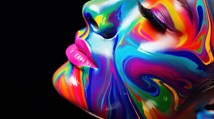Fashion model woman in neon light, portrait of beautiful model with fluorescent make-up, Art design of female disco dancers posing in UV, colorful make up. Isolated on black background