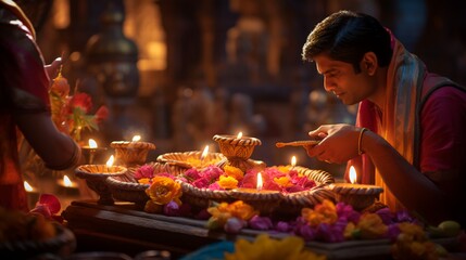 Indian man sitting surrounded by Diwali Clay Diya lamps candles lit during Dipavali, Hindu festival of lights celebration