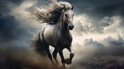 A horse galloping, its mane and tail made of billowing storm clouds.