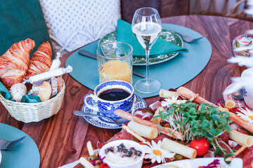 Elegant brunch setup with diverse food and drink options
