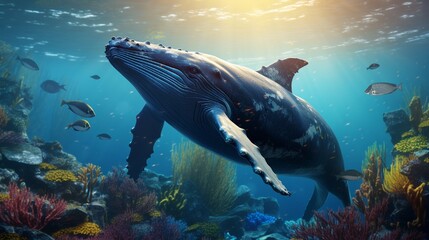 Obraz premium A humpback whale's dive, its massive form blending into a bustling coral reef teeming with marine life.