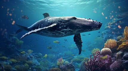A humpback whale's dive, its massive form blending into a bustling coral reef teeming with marine life.