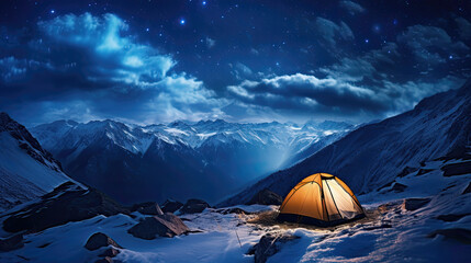 glowing tent in the mountains at night in the snow - obrazy, fototapety, plakaty