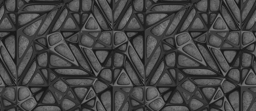 3d black lattice tiles on gray concrete background
