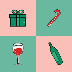 Hand Drawn Christmas Food, Drink And Gift Set Vector Design.