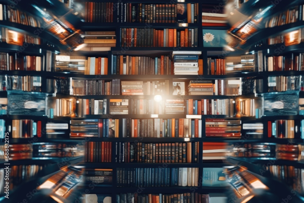 Poster A picture of a book shelf filled with numerous books. This image can be used to depict knowledge, education, or a library setting