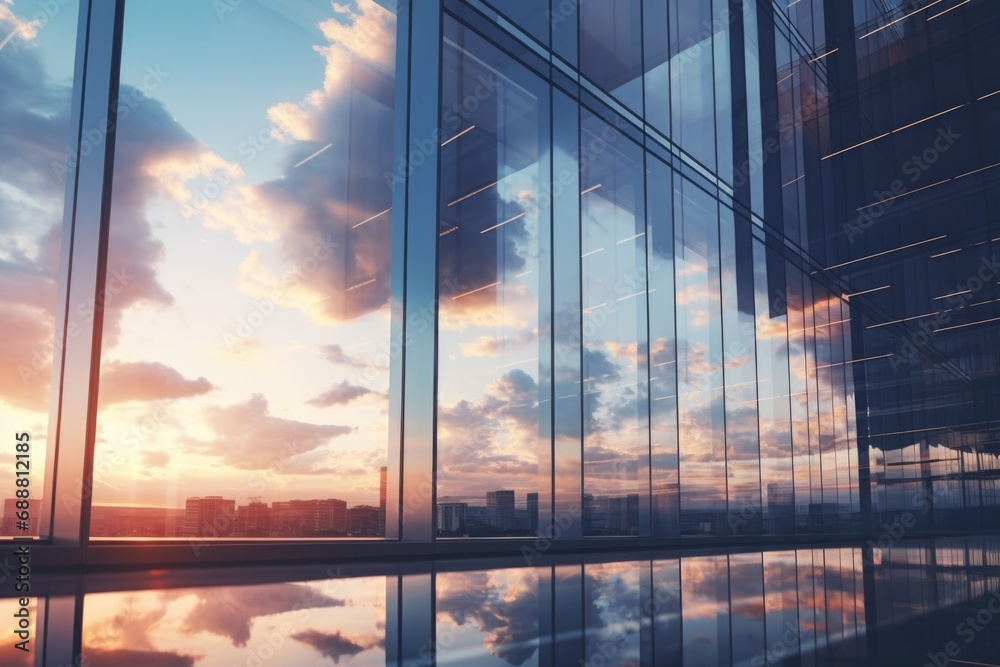 Poster sun reflecting off a glass building, creating a beautiful and captivating image. perfect for archite
