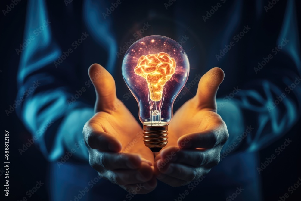 Poster a person holding a glowing light bulb in their hands. this image can be used to represent creativity