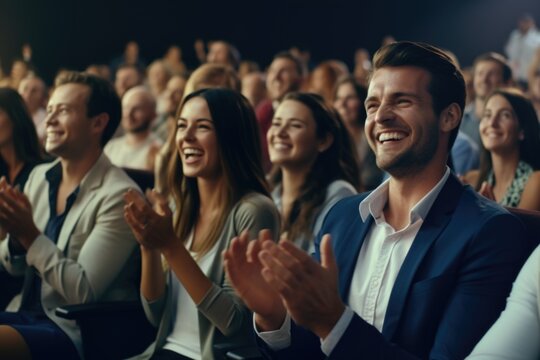 A group of people sitting in front of a crowd, clapping. This image can be used to represent applause, appreciation, or support in various settings