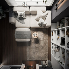Top down view of a small living room, 3d render.