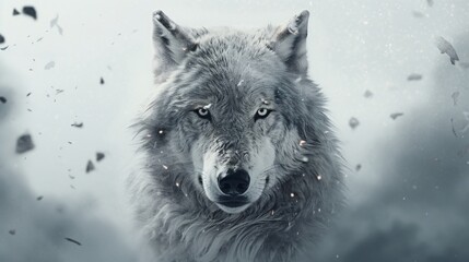 A meticulously crafted double exposure that captures the essence of a wolf's face, with every fur detail standing out against an immaculate white environment.