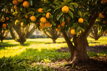 orange tree in grove heavy with ripe juicy oranges - obrazy, fototapety, plakaty