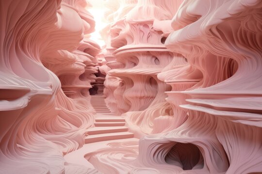 Surreal pink landscape with flowing forms and a staircase, resembling an organic structure or cave