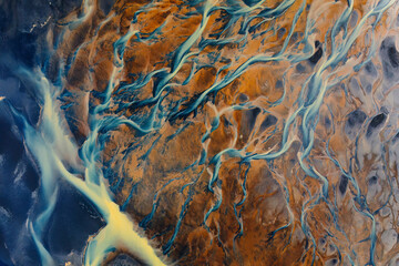 Aerial view of intricate river patterns in Iceland