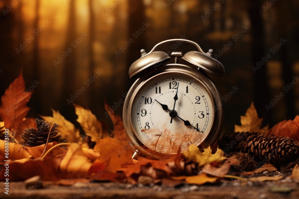 Poster an alarm clock sitting on top of a pile of leaves. suitable for concepts related to time, nature, an
