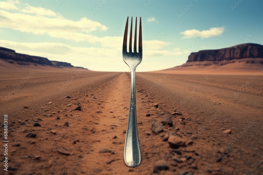 Poster A fork stuck in the middle of a dirt road. Can be used to represent a decision point or a metaphor for being at a crossroads in life