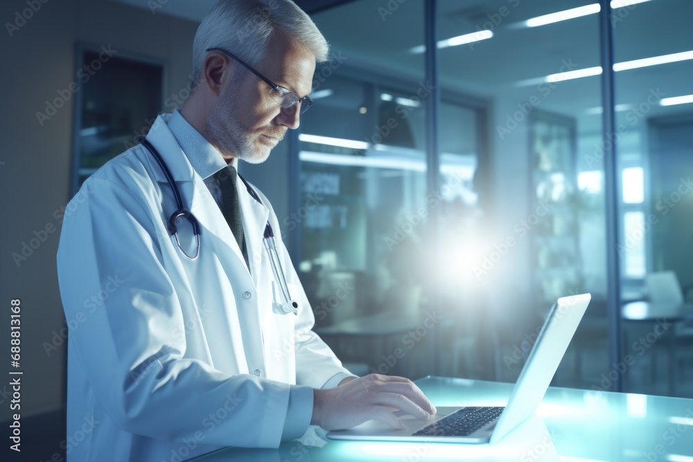 Poster a man wearing a lab coat is seen using a laptop. this image can be used to depict scientific researc