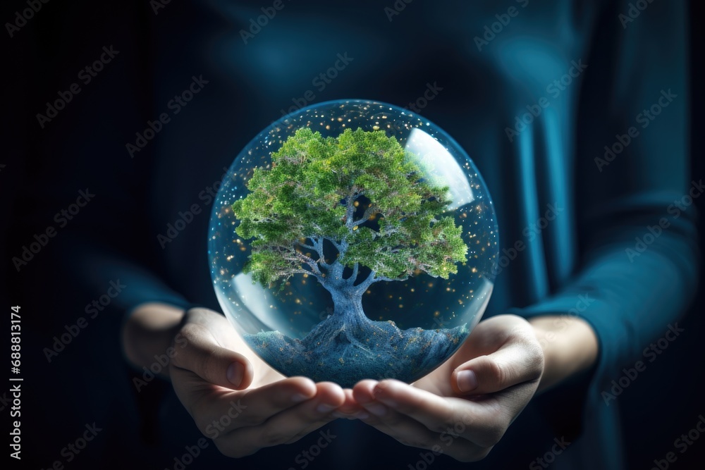 Poster A person holding a glass ball with a tree inside. Perfect for adding a touch of nature and wonder to any project