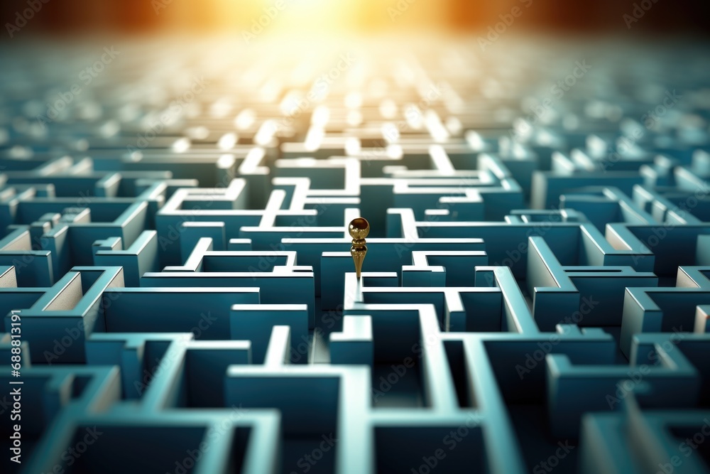 Poster a person standing in a maze, gazing at the sun. suitable for illustrating the concept of finding dir