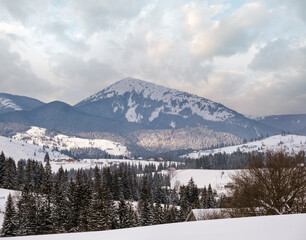 Winter remote alpine mountain village outskirts, countryside hills, groves and farmlands.