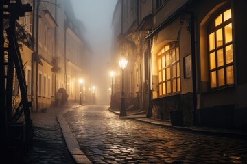 A person is seen walking down a cobblestone street at night. This image can be used to depict urban nightlife or a quiet evening stroll