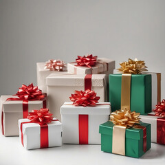 Beige gift boxes with gold decor on a white table