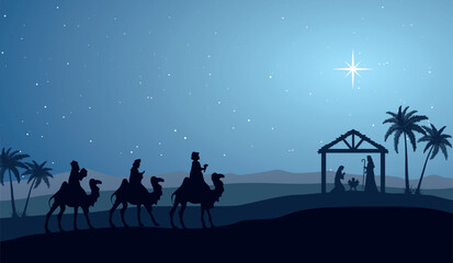 Christmas Nativity Scene - Three Wise Men travel in the desert at night