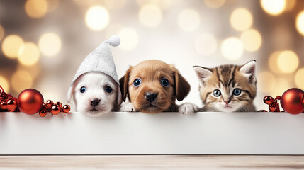 Fototapeta na wymiar Christmas banner with cute puppy and kittens. Group of dogs and cats with red Santa hats above white banner looking at camera. Christmas signboard or gift card for pet shop or vet clinic.
