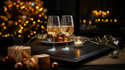 Christmas, two glasses with sparkling champagne against the background of the bokeh of a Christmas tree and glowing lights. On the table is a composition of presents and Christmas tree trinkets.