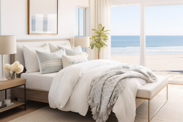 Minimalist bedroom interior with ocean sea view. Modern coastal interior. Summer, travel, vacation, dreams holiday, resort - obrazy, fototapety, plakaty