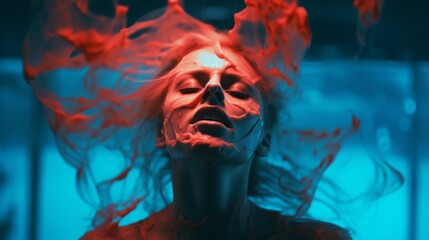 A striking double color exposure photograph juxtaposing a girl's composed expression in gentle aqua hues against her passionate anger in vibrant vermilion.