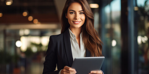 Business lady with a tablet smiling
