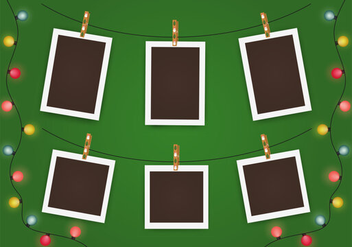 Christmas empty photo frame mockup with lights, tree and snowman. New Year realistic Scrapbook vector illustration on green background. Xmas blank framework picture template with shadows.