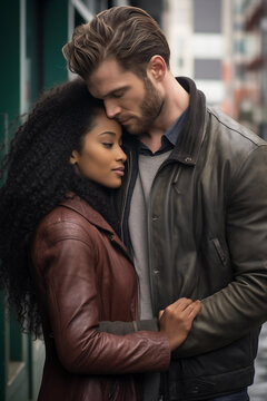 Young Interracial Couple Concept - handsome young man wearing a winter jacket embracing a pretty black African american woman wearing a leather jacket