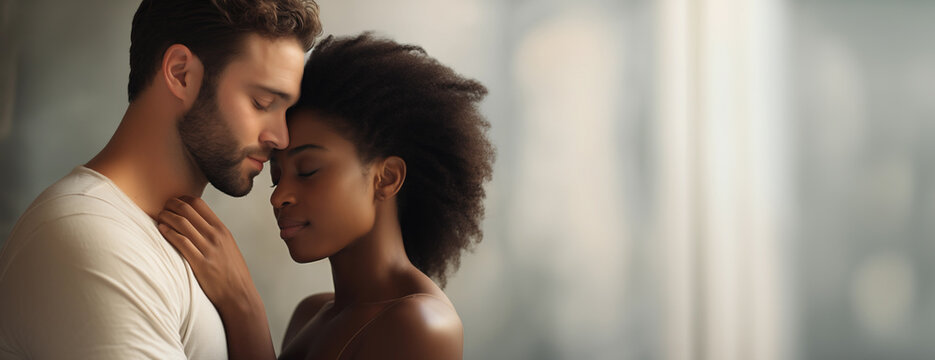 Young Interracial Couple Concept - copy space - Caucasian white man and black African american woman - bokeh background