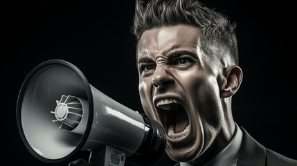 Angry man shouting into a megaphone - loud - nuisance - trouble - politics - bad attitude