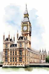 Fototapeta na wymiar Watercolor Palace of Westminster in London, white background. AI generate illustration