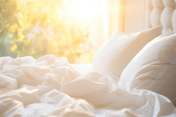 Bedroom interior design details. Comfortable bed with soft white pillows and bedding in bed in golden sunlight
