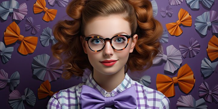 young nerdy girl wearing glasses and bow ties, smiling on purple background 