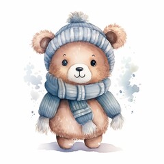 Watercolor winter bear illustratioin in a blue scarf on a white background, cute and smile. Good for greeting card, postcard, children's book, cartoon, New Year, Christmas, wallpaper, baby shower card