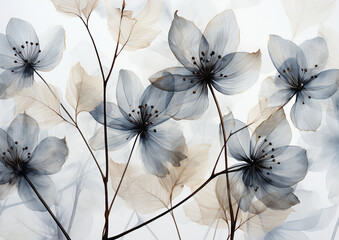 A black and white drawing of leaves on a concrete floor. AI generative