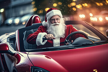 Fantasy art - Santa Claus driving a racecar, sports car, speedster.  Father Christmas, Saint Nicholas, Saint Nick, Kris Kringle having fun, adventure, thrill, speed. - obrazy, fototapety, plakaty