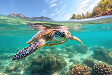 Obraz na płótnie Canvas Sea turtle swimming underwater. Concept of marine life beauty.
