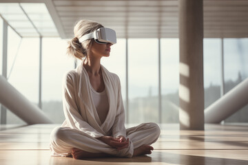 woman doing yoga with VR glasses virtual reality indoors with sunlight white clothes mindfulness meditation