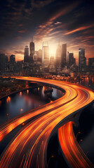 city with modern skyscrapers in sunset with sunlight and roads with motion blur car lights 