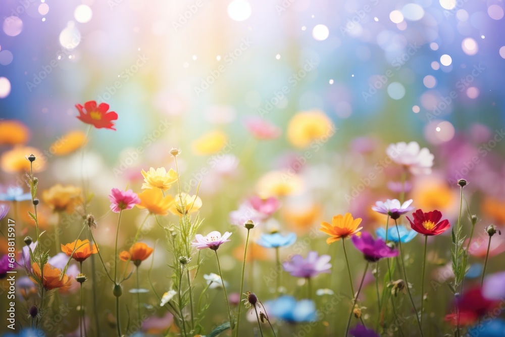 Poster a field of colorful flowers with a bright light in the background. suitable for nature and garden-re