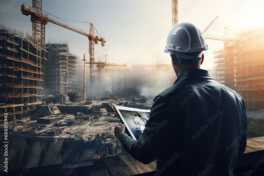 Poster a man wearing a hard hat is focused on using a tablet. this image can be used to illustrate technolo